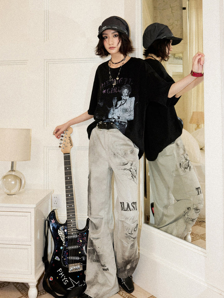 Vintage Manga Graphic Washed Wide Leg Pants
