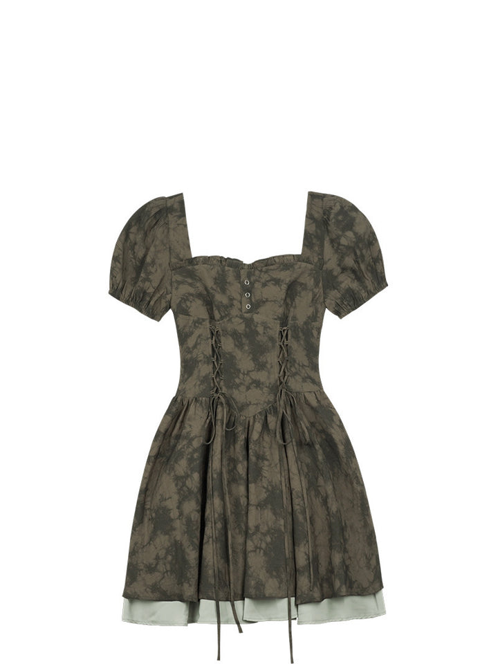 Tie-Dye Corset Puff Sleeve Mini Dress