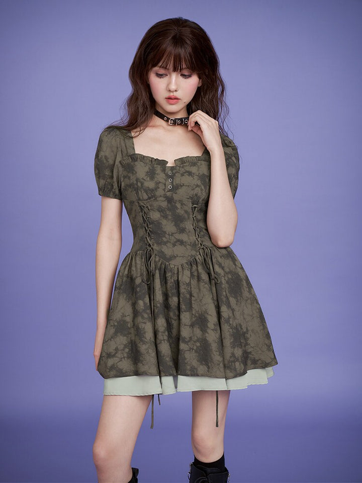 Tie-Dye Corset Puff Sleeve Mini Dress