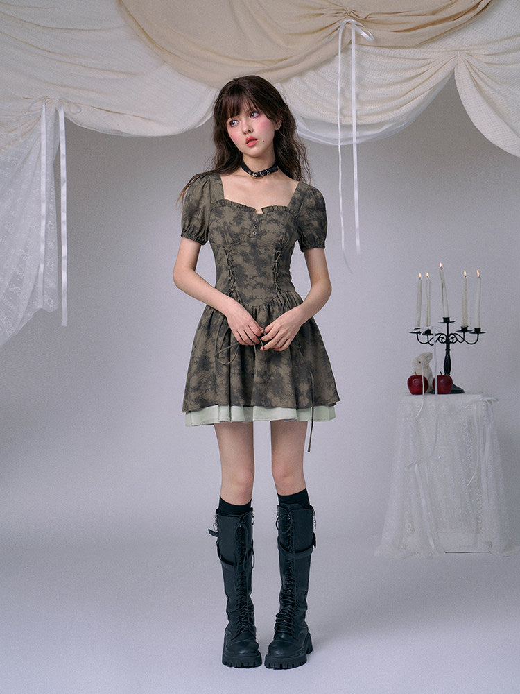 Tie-Dye Corset Puff Sleeve Mini Dress