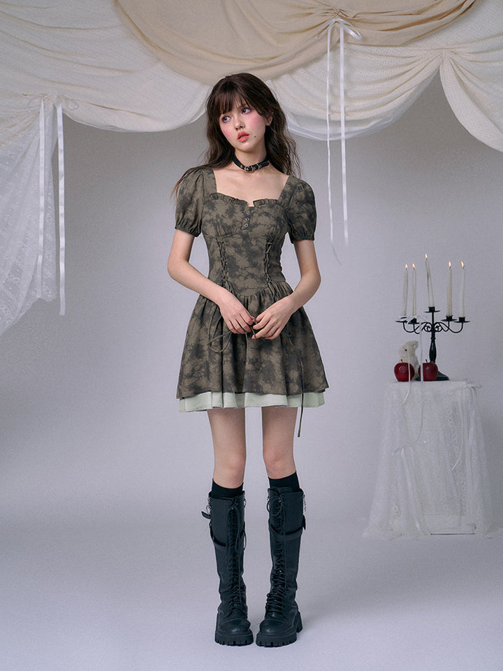 Tie-Dye Corset Puff Sleeve Mini Dress