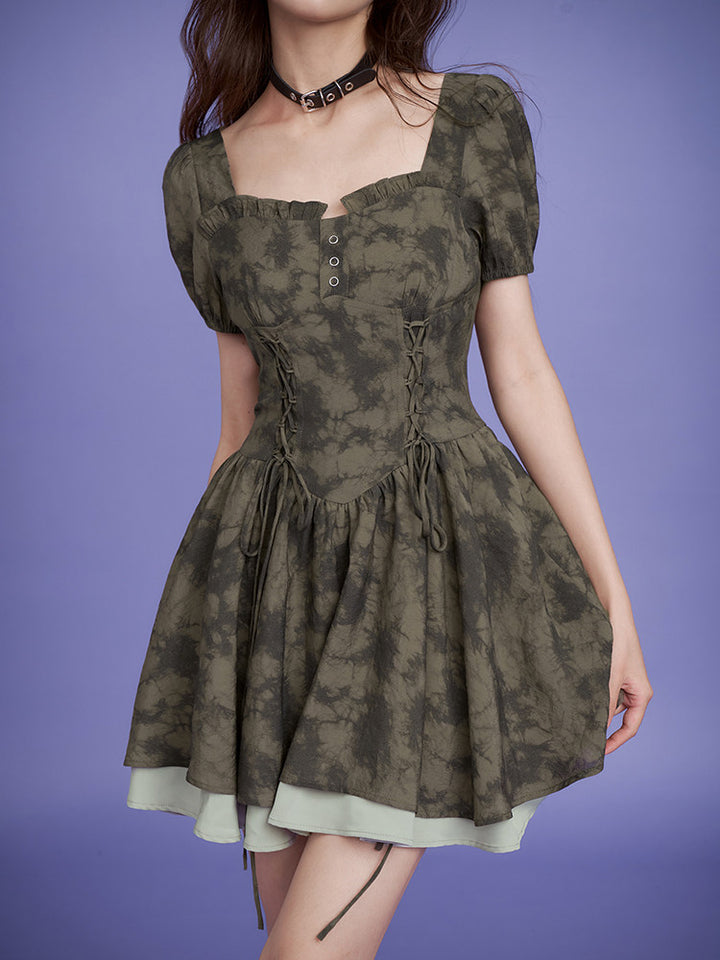 Tie-Dye Corset Puff Sleeve Mini Dress