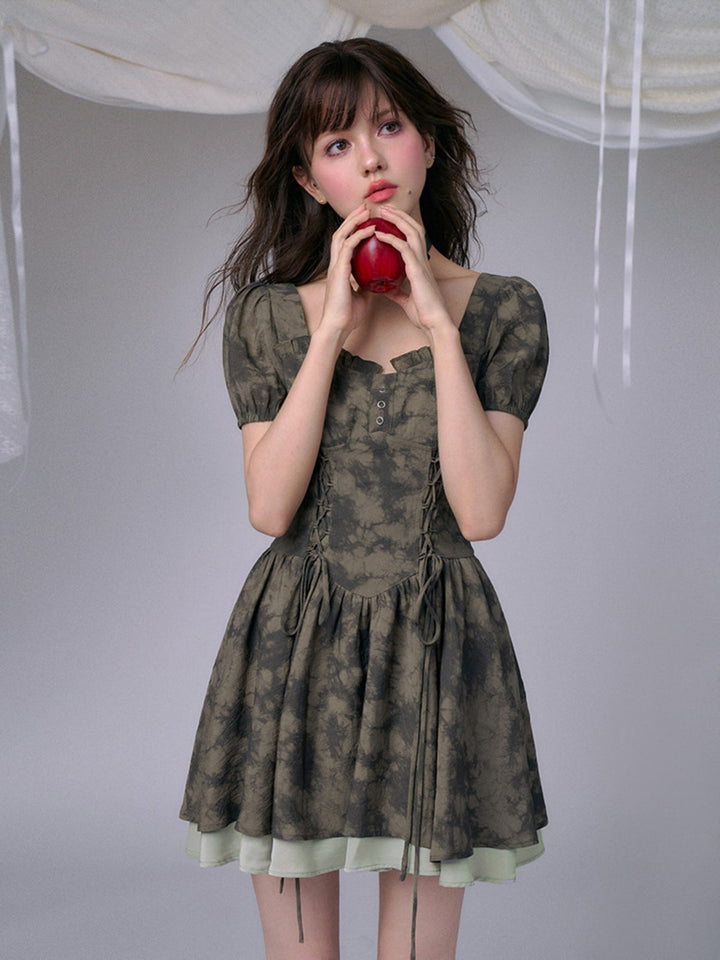 Tie-Dye Corset Puff Sleeve Mini Dress