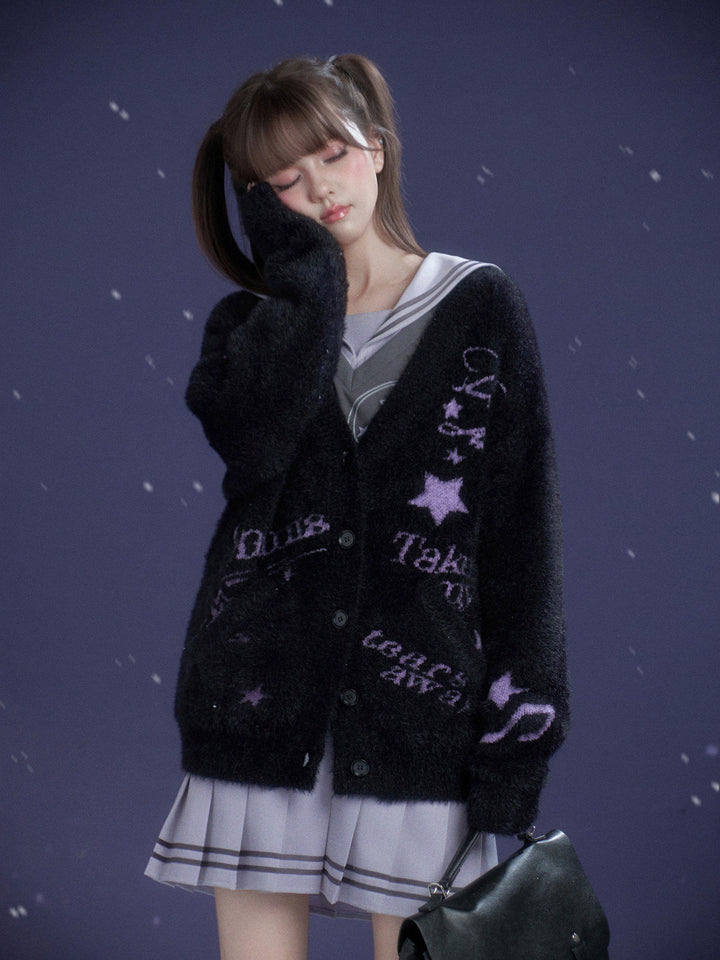 Music Note Graphic Fuzzy Cardigan