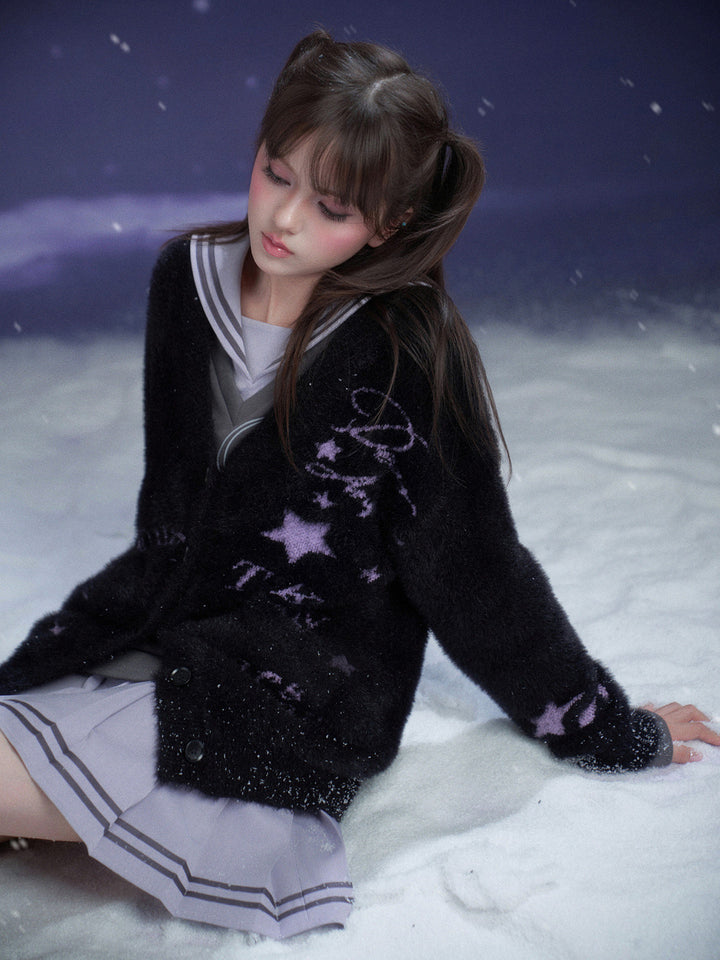 Music Note Graphic Fuzzy Cardigan