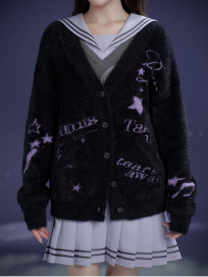 Music Note Graphic Fuzzy Cardigan