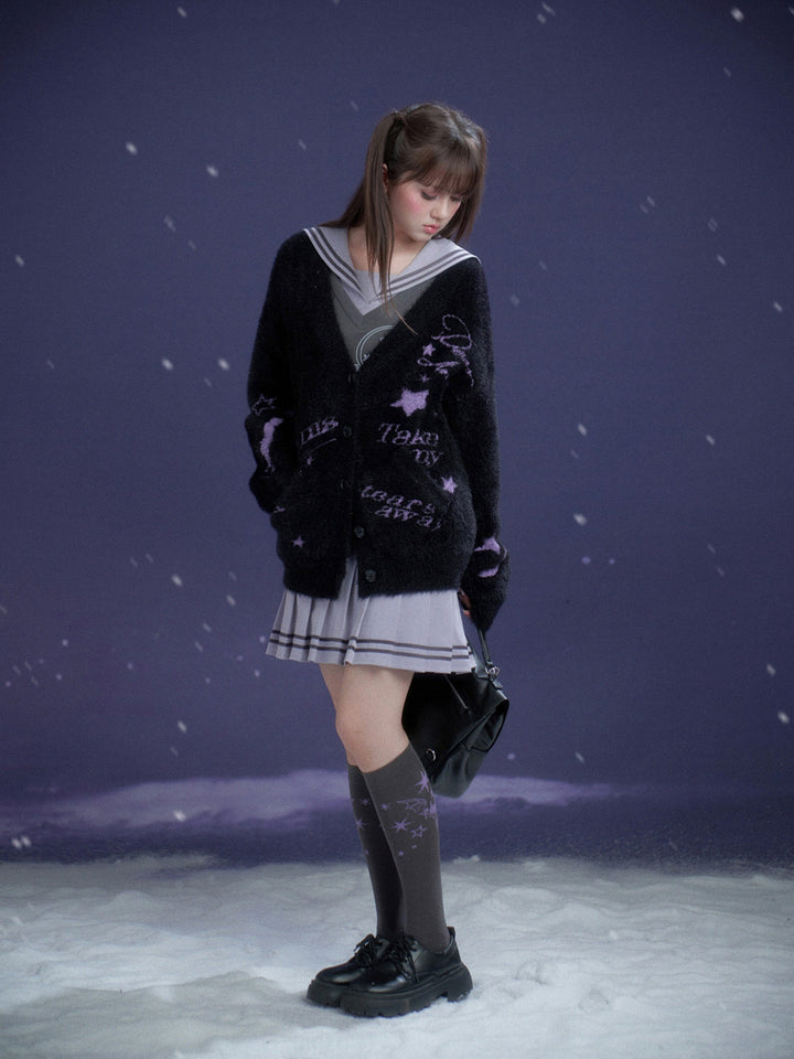 Music Note Graphic Fuzzy Cardigan