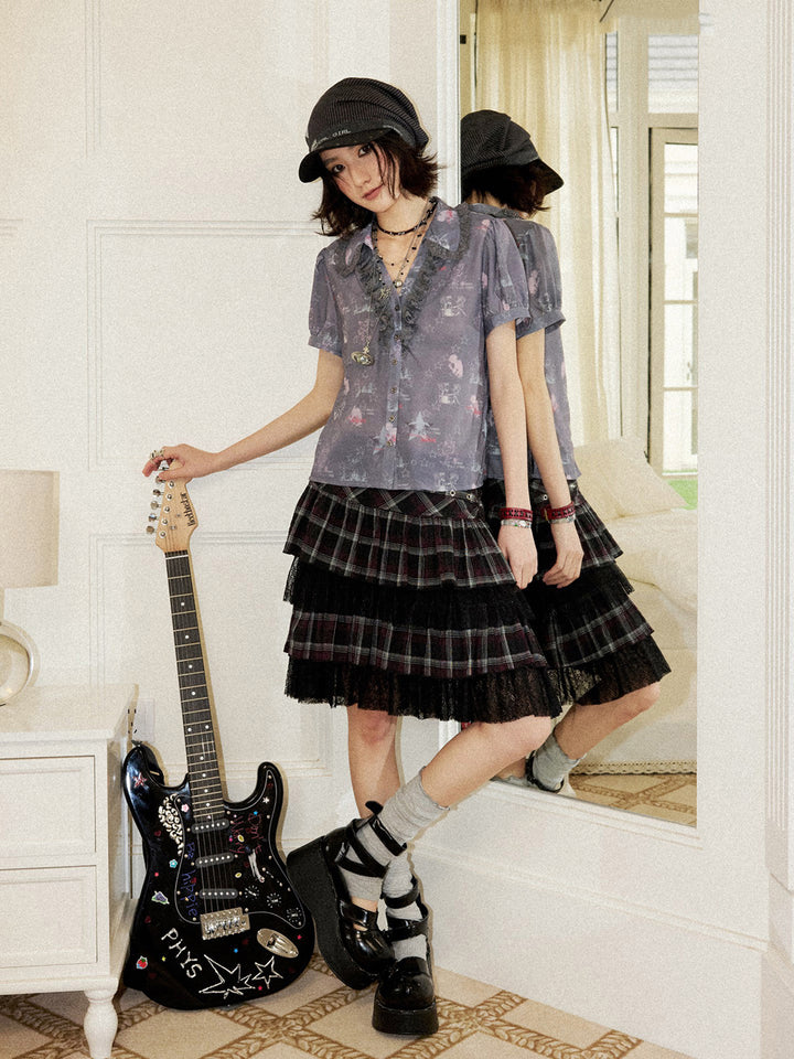 Star Print Lace Trim Button-Up Shirt