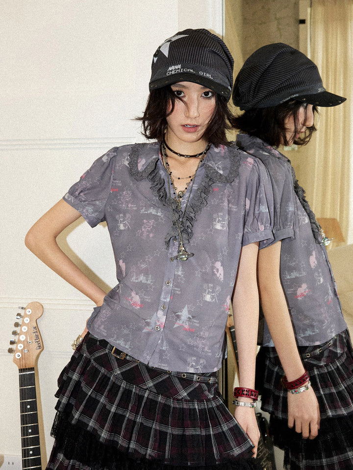 Star Print Lace Trim Button-Up Shirt