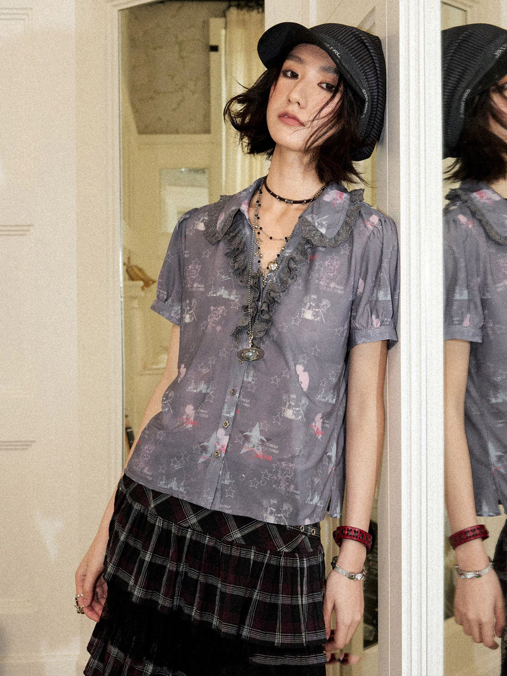 Star Print Lace Trim Button-Up Shirt