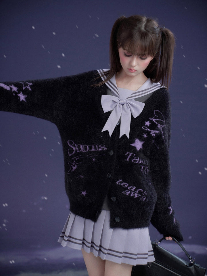Music Note Graphic Fuzzy Cardigan