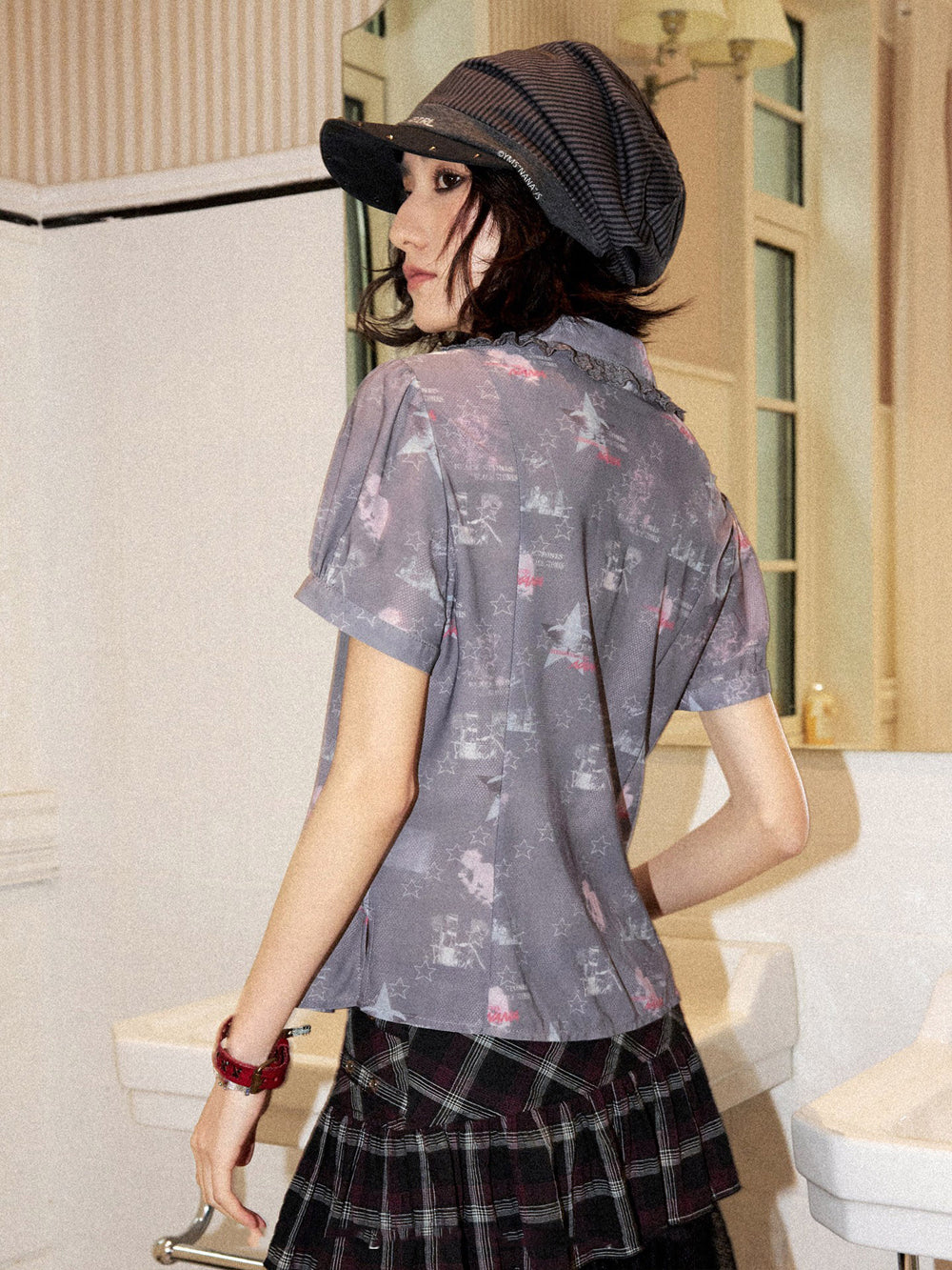 Star Print Lace Trim Button-Up Shirt