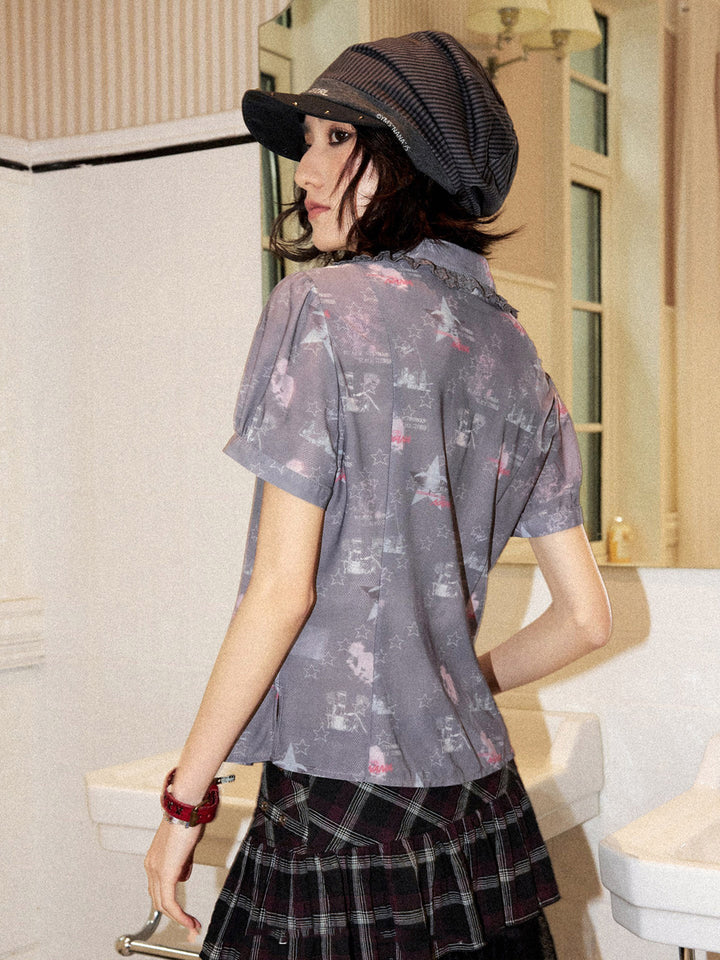 Star Print Lace Trim Button-Up Shirt