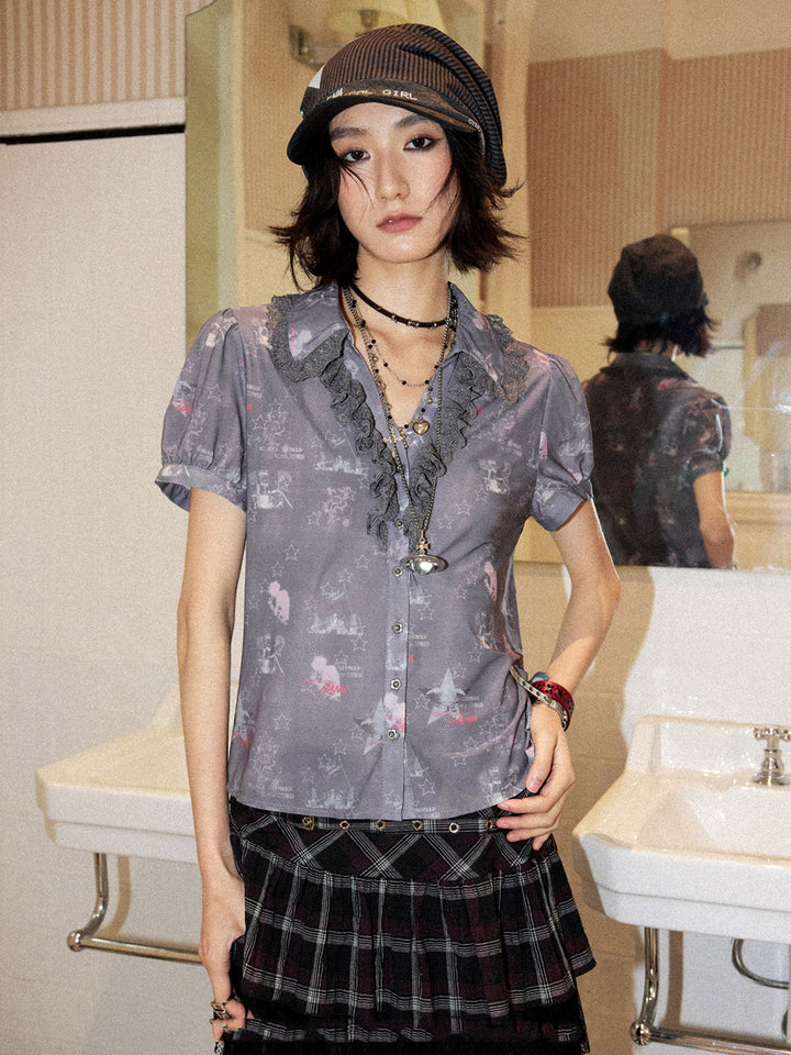 Star Print Lace Trim Button-Up Shirt