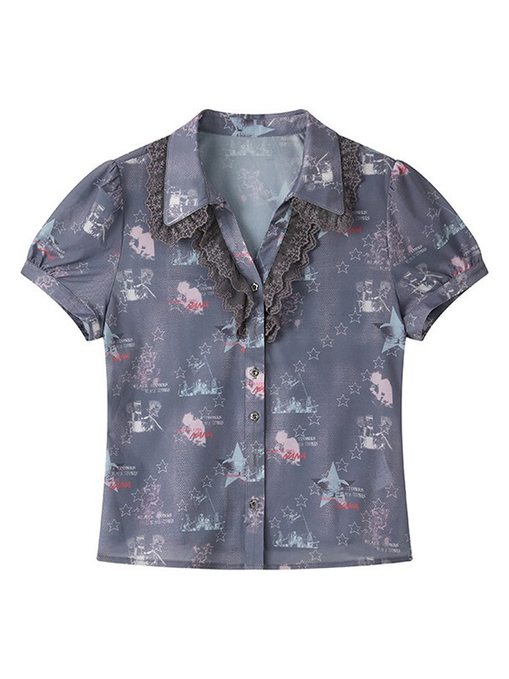 Star Print Lace Trim Button-Up Shirt