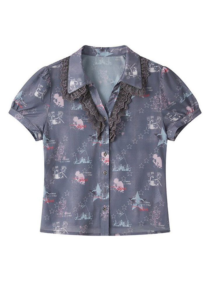 Star Print Lace Trim Button-Up Shirt