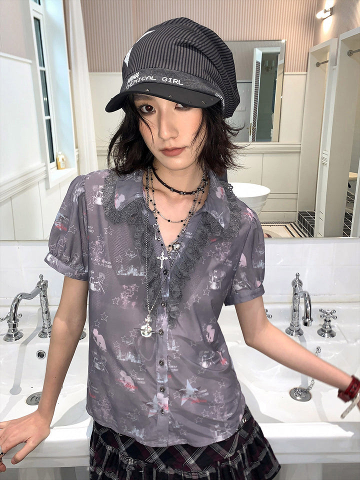 Star Print Lace Trim Button-Up Shirt