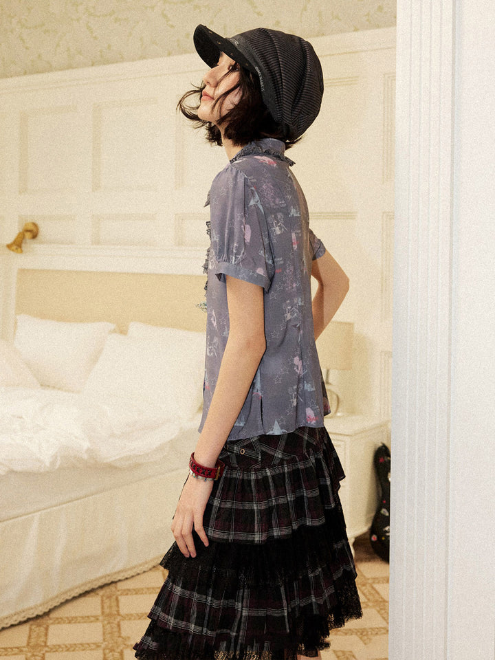 Star Print Lace Trim Button-Up Shirt