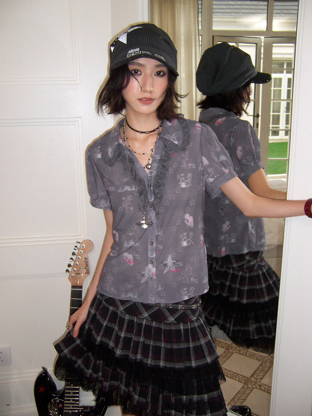 Star Print Lace Trim Button-Up Shirt