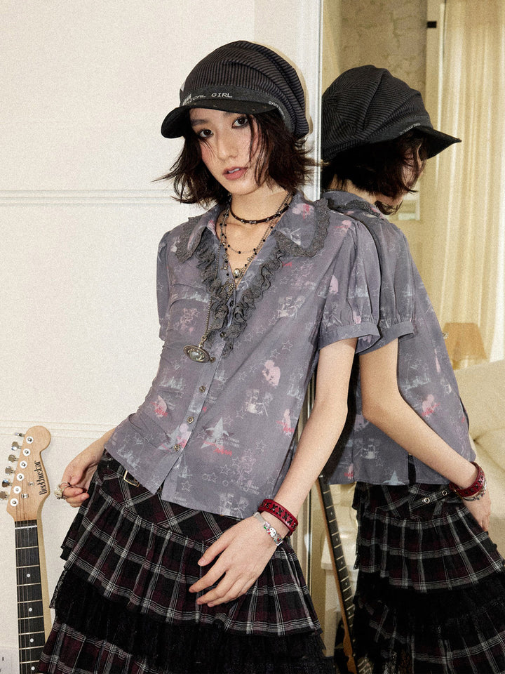 Star Print Lace Trim Button-Up Shirt
