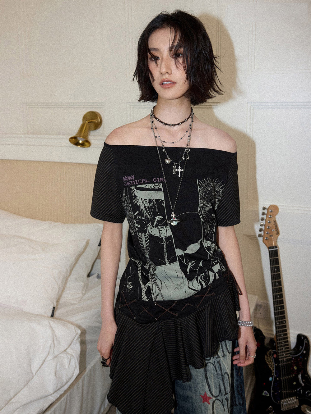 Manga Graphic Lace-Up Ruffle Tunic Top