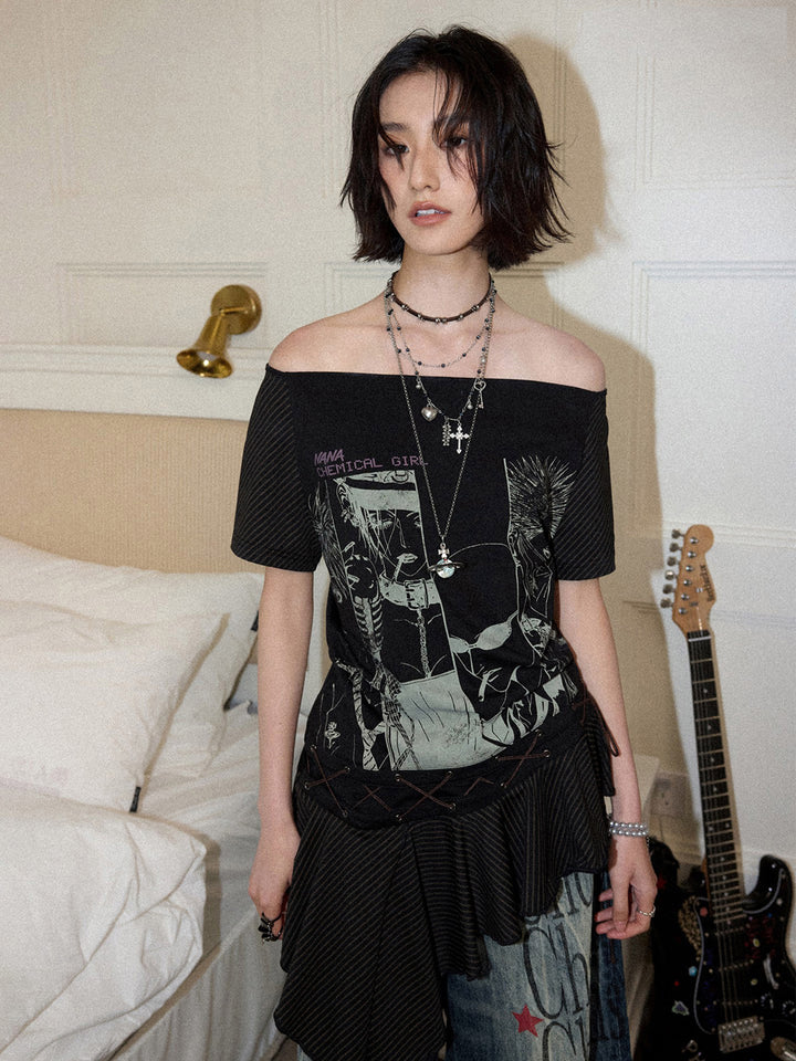 Manga Graphic Lace-Up Ruffle Tunic Top