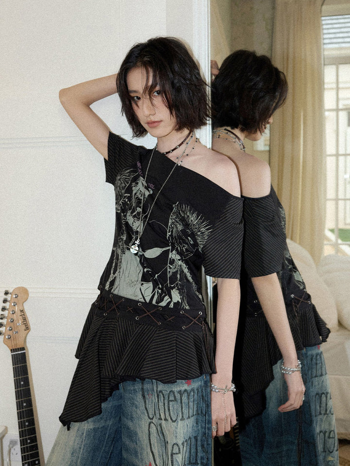 Manga Graphic Lace-Up Ruffle Tunic Top