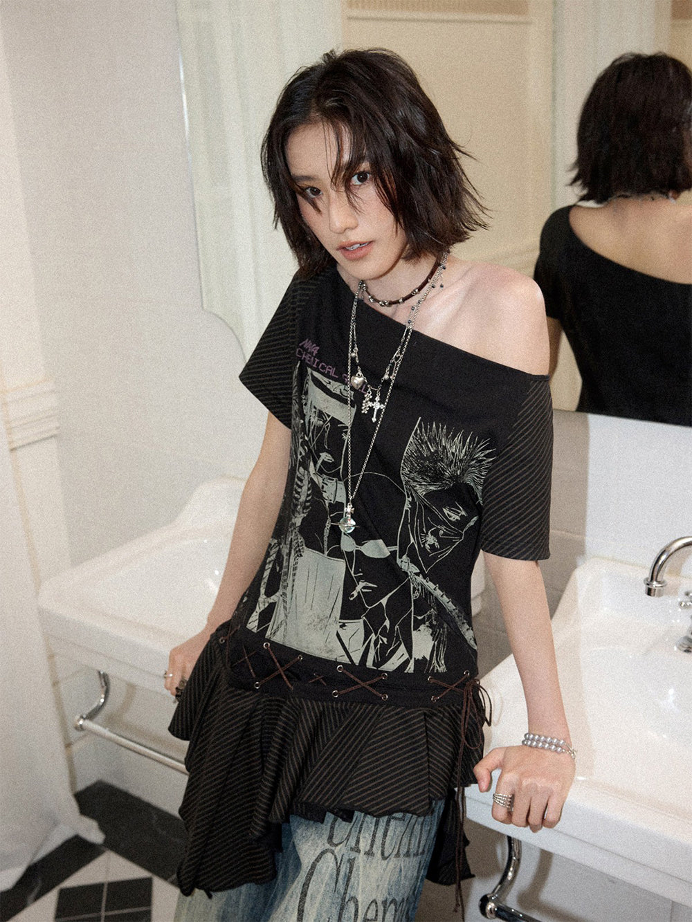Manga Graphic Lace-Up Ruffle Tunic Top