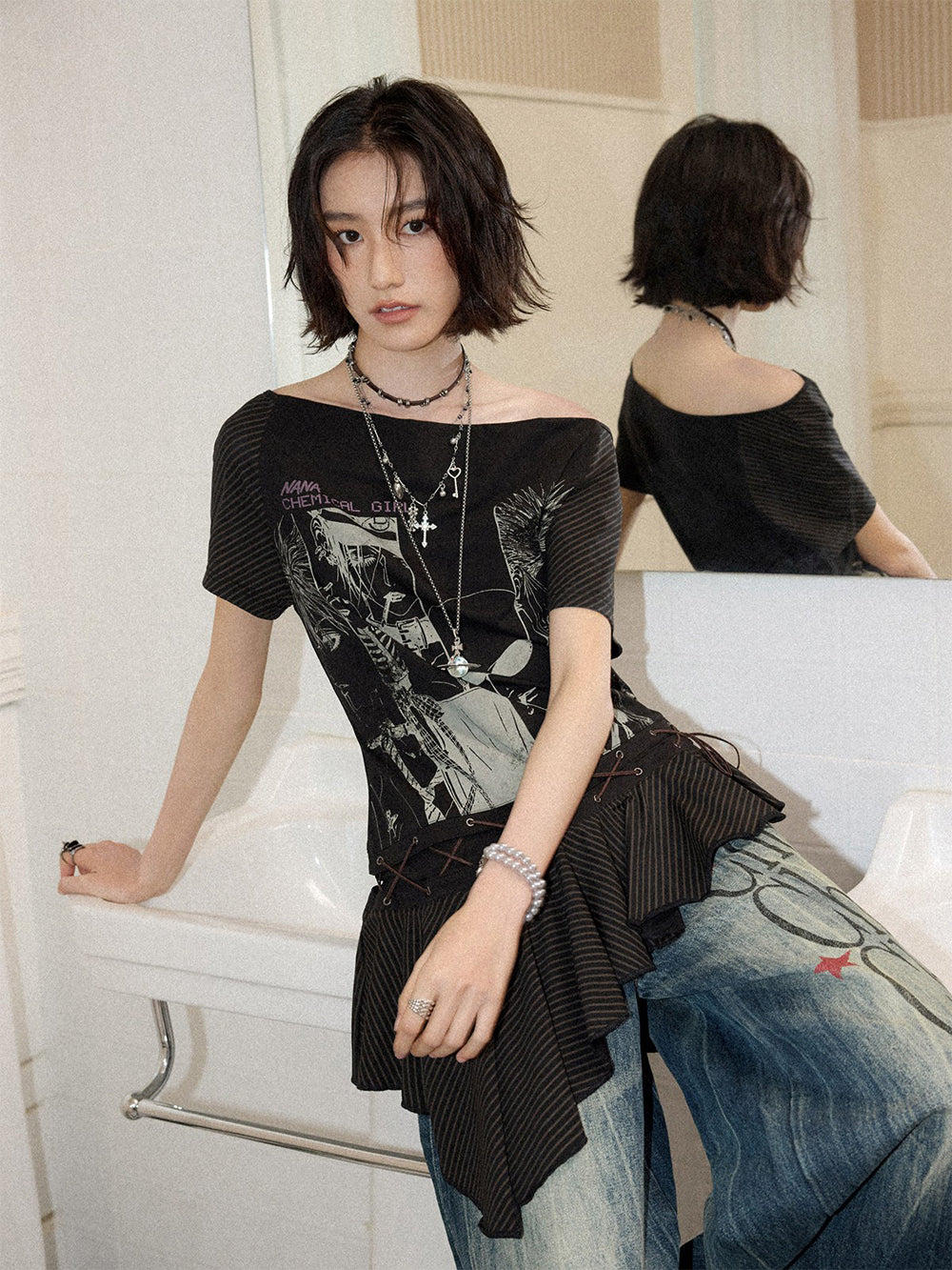 Manga Graphic Lace-Up Ruffle Tunic Top