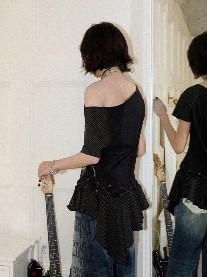 Manga Graphic Lace-Up Ruffle Tunic Top