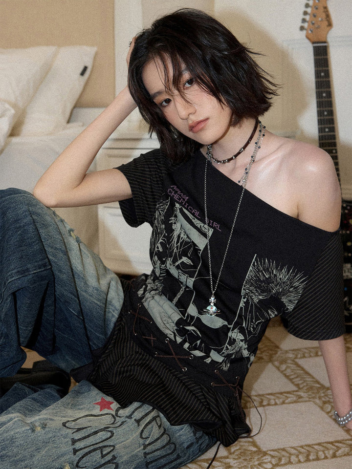 Manga Graphic Lace-Up Ruffle Tunic Top