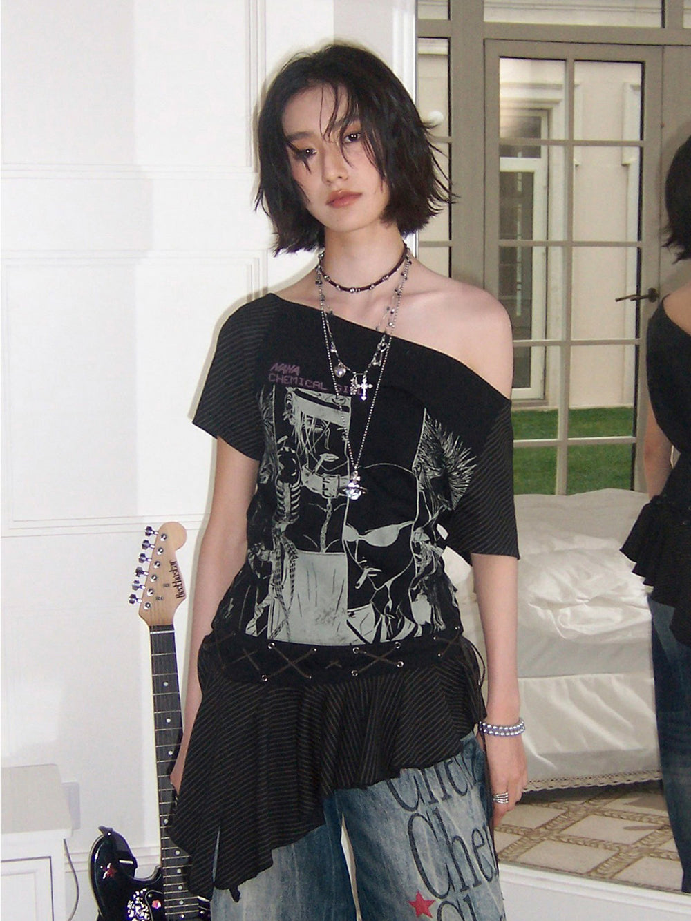 Manga Graphic Lace-Up Ruffle Tunic Top