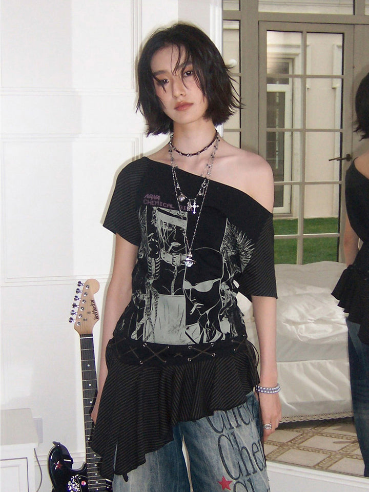 Manga Graphic Lace-Up Ruffle Tunic Top