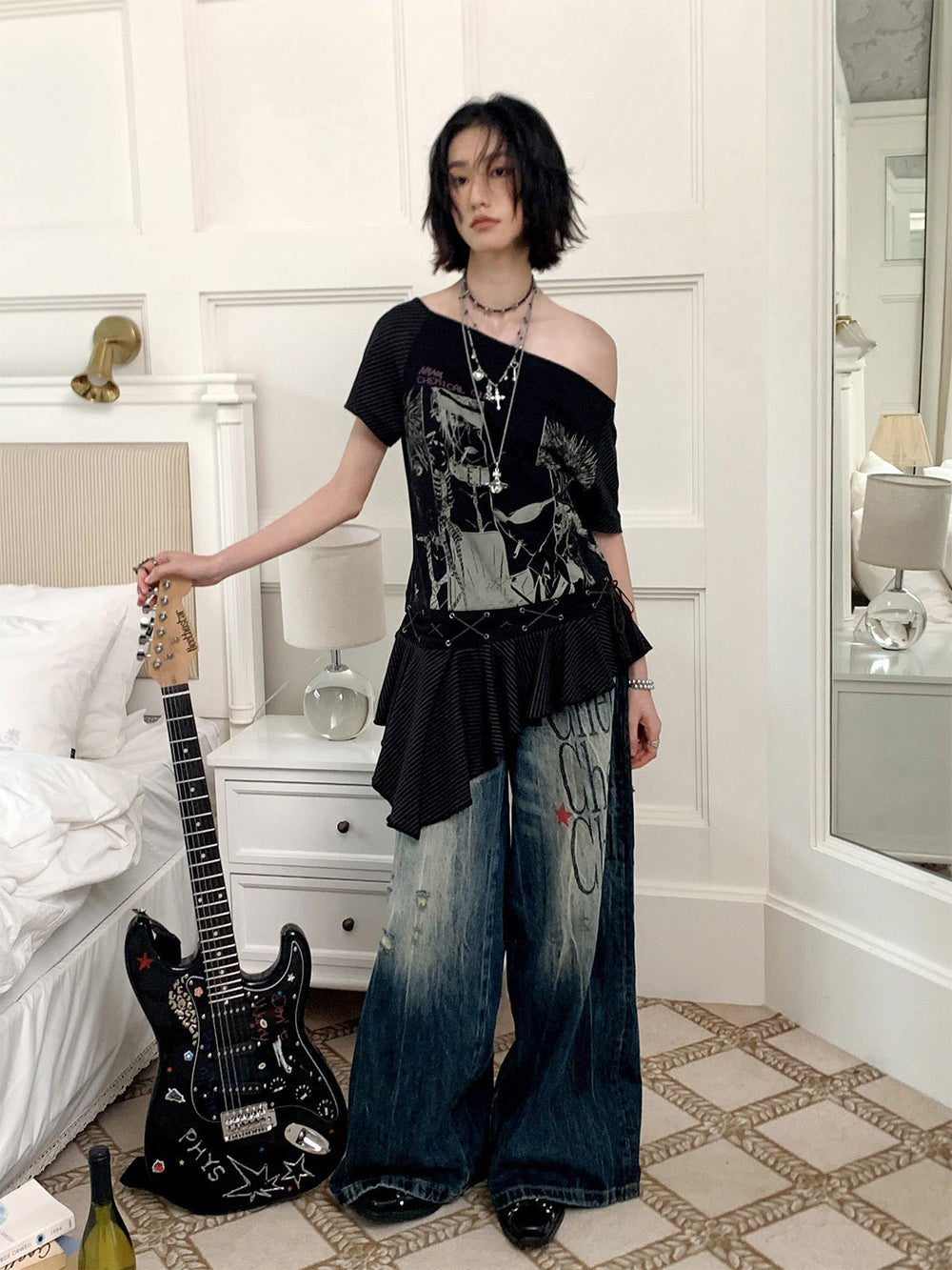 Manga Graphic Lace-Up Ruffle Tunic Top