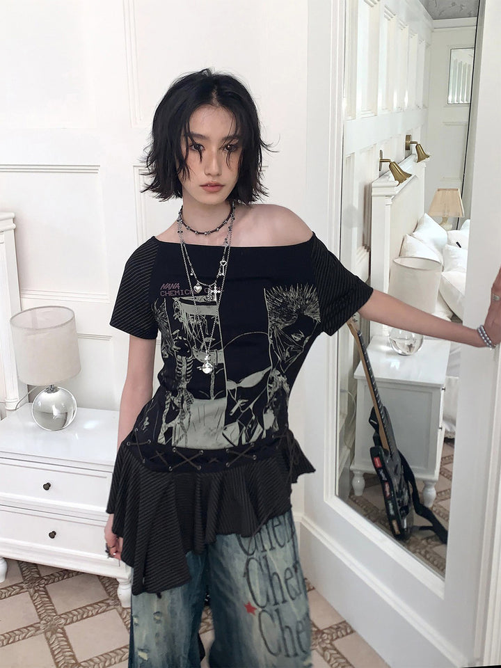 Manga Graphic Lace-Up Ruffle Tunic Top