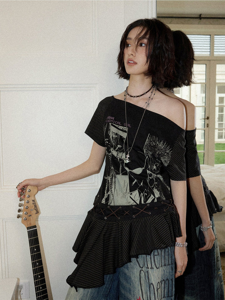 Manga Graphic Lace-Up Ruffle Tunic Top