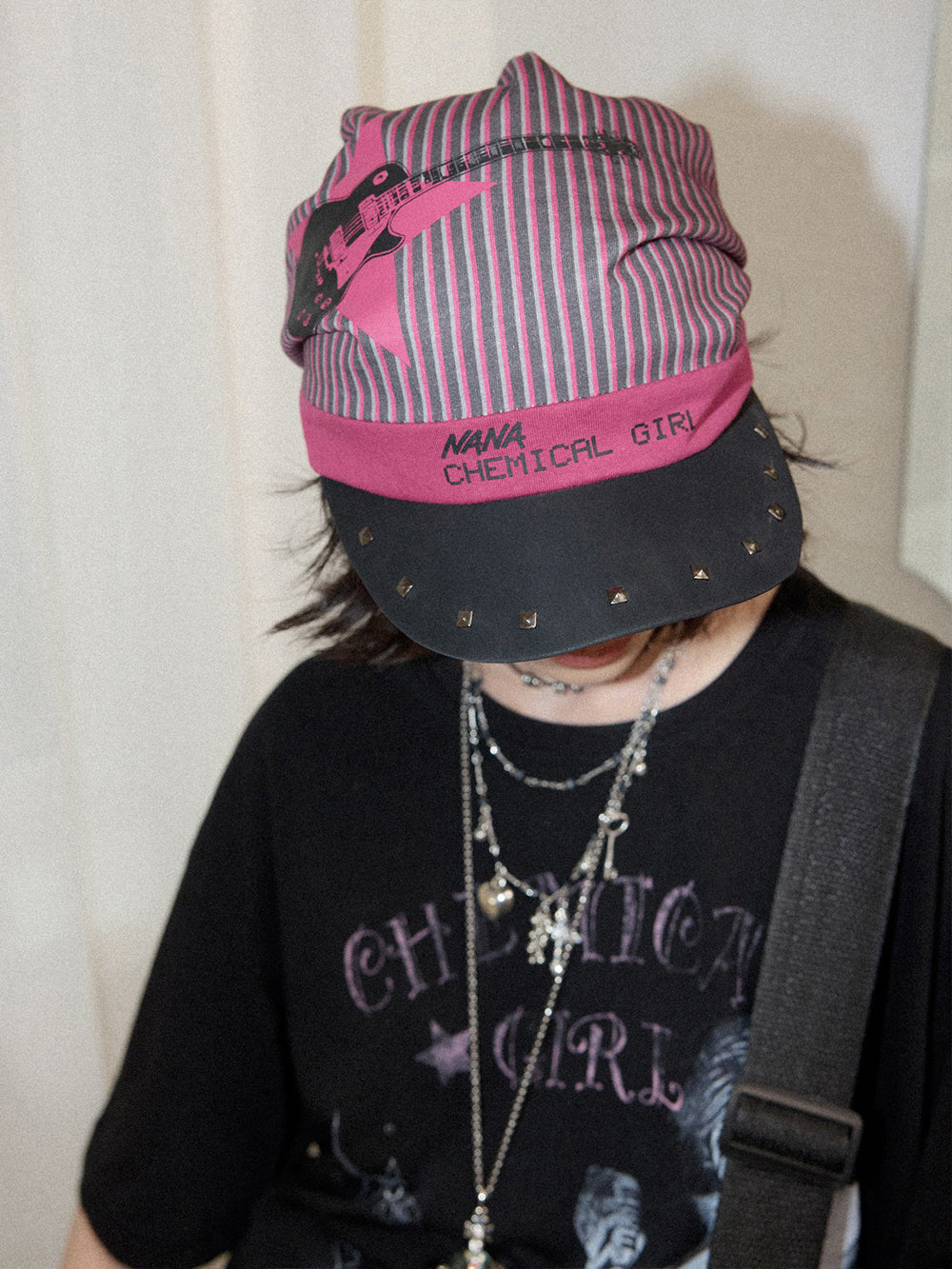 Y2K Punk Striped Guitar Studded Visor Beanie