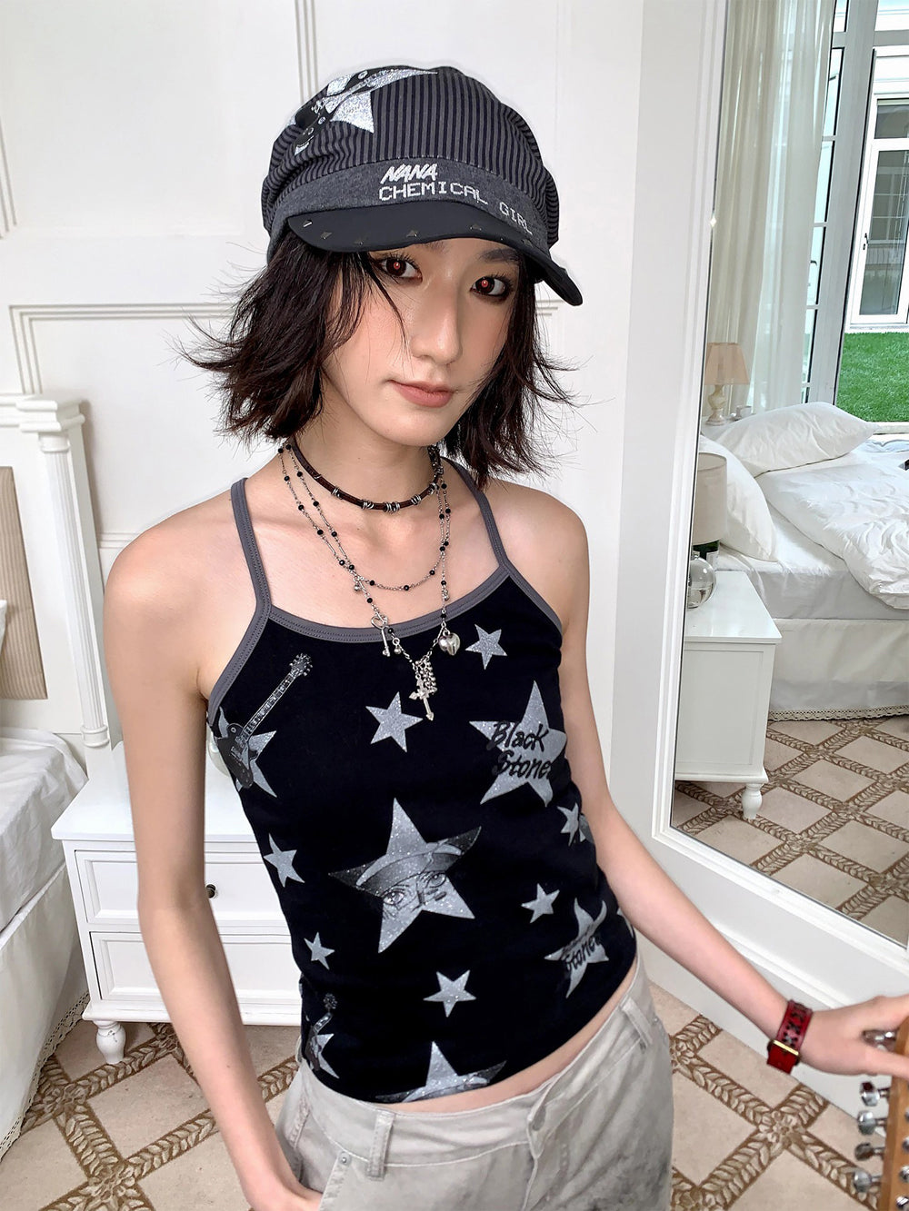 Y2K Punk Striped Guitar Studded Visor Beanie