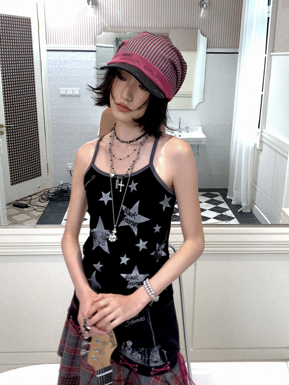 Y2K Punk Striped Guitar Studded Visor Beanie