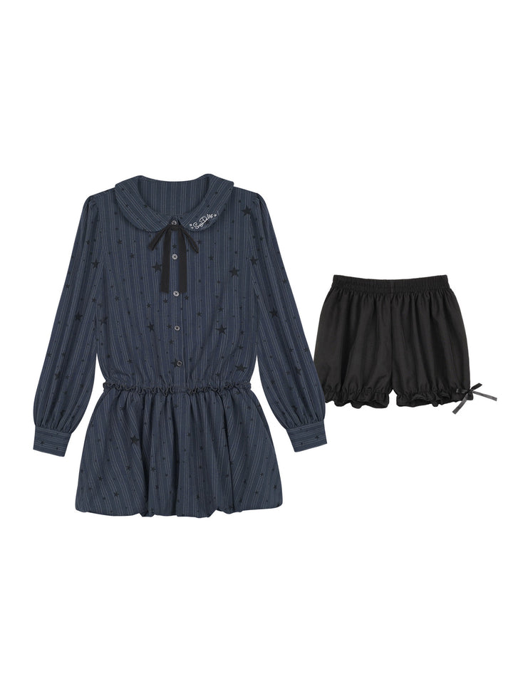 Star Pinstripe Bow Collar Bubble Mini Dress