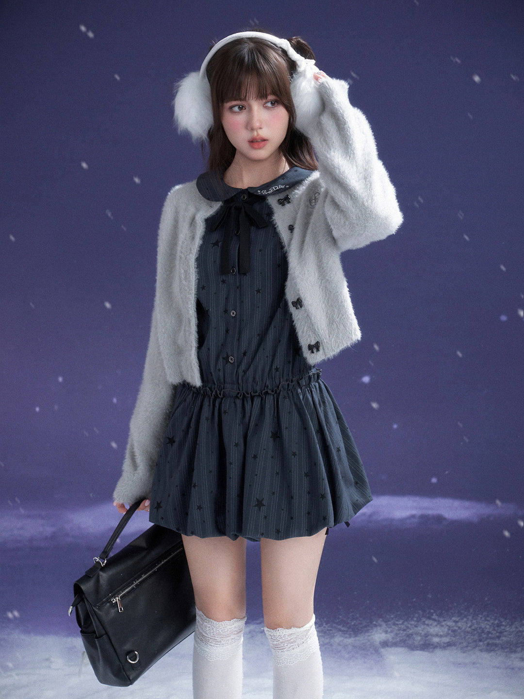 Star Pinstripe Bow Collar Bubble Mini Dress