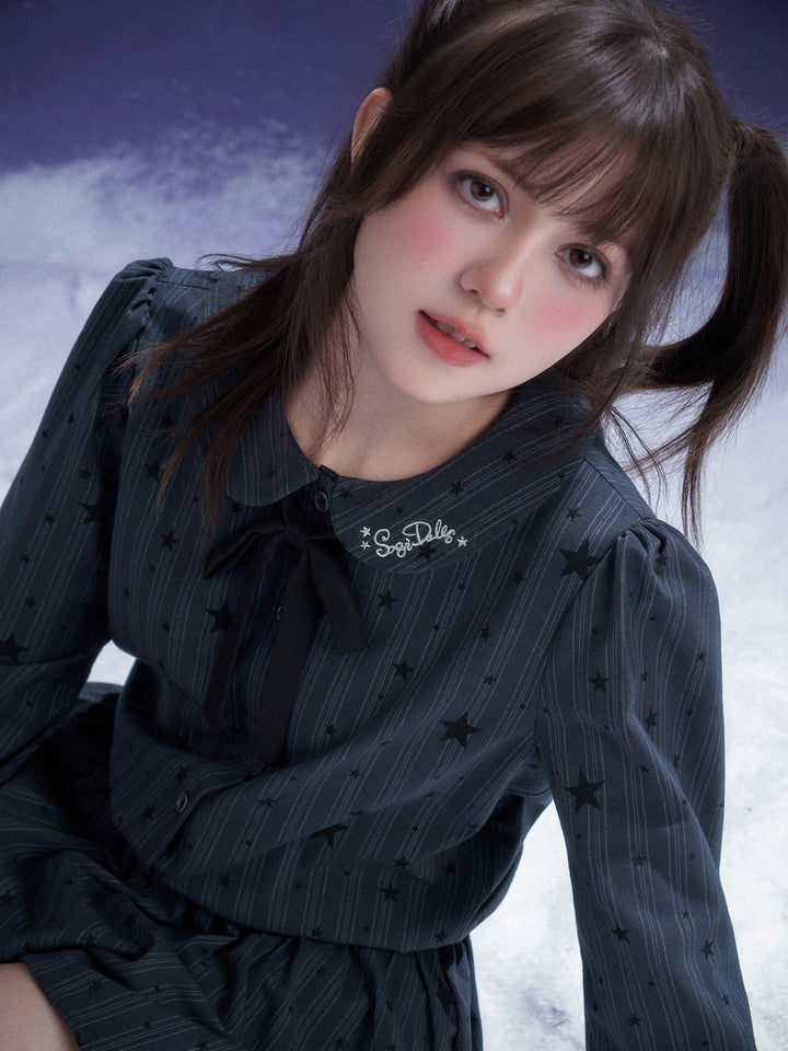 Star Pinstripe Bow Collar Bubble Mini Dress