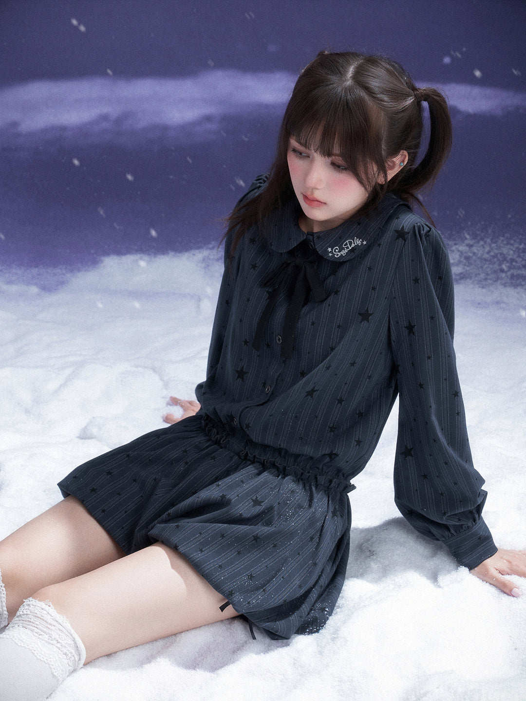 Star Pinstripe Bow Collar Bubble Mini Dress