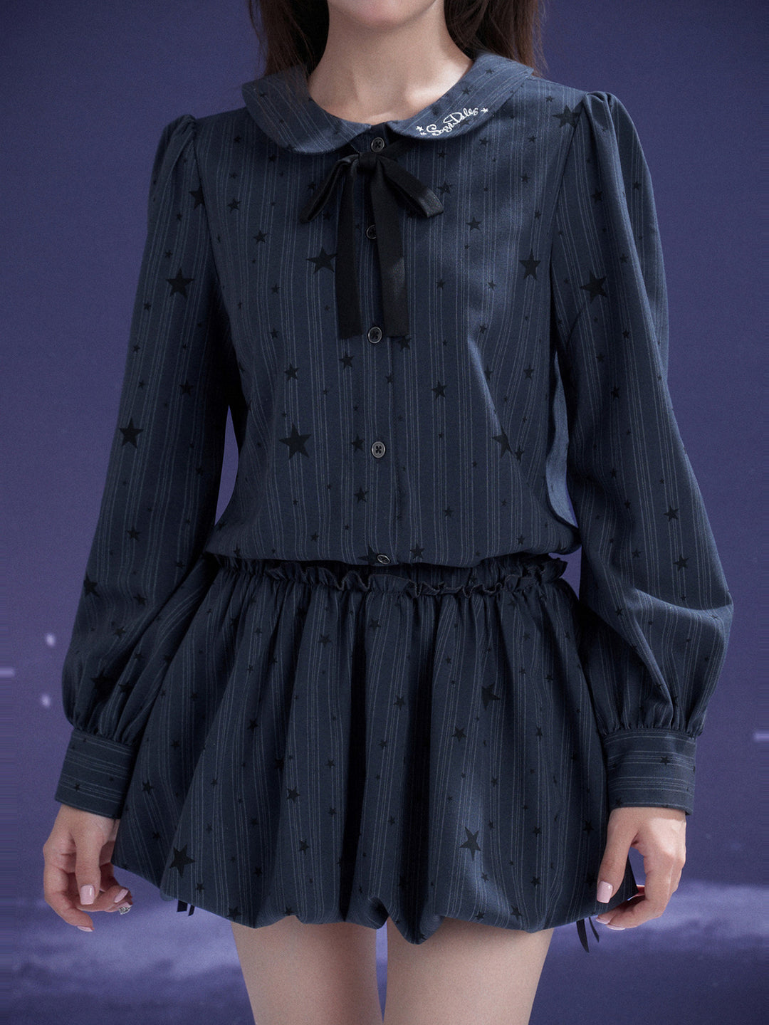 Star Pinstripe Bow Collar Bubble Mini Dress
