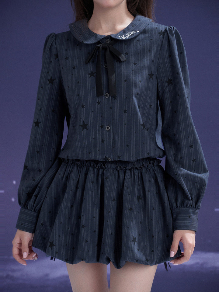 Star Pinstripe Bow Collar Bubble Mini Dress