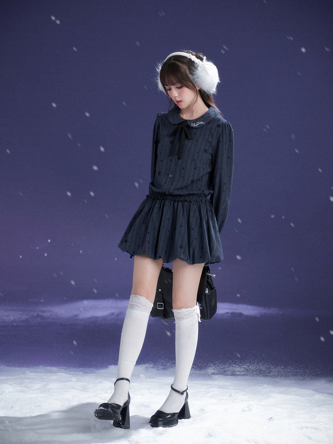 Star Pinstripe Bow Collar Bubble Mini Dress