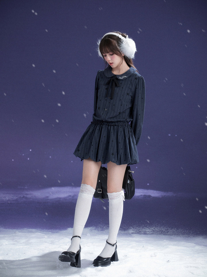 Star Pinstripe Bow Collar Bubble Mini Dress
