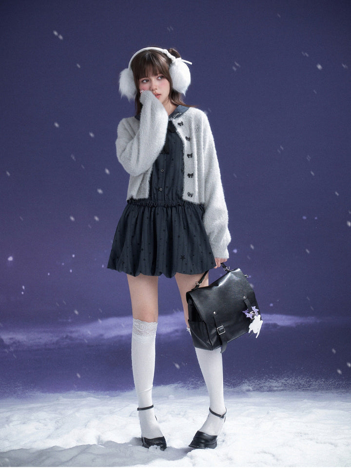 Star Pinstripe Bow Collar Bubble Mini Dress