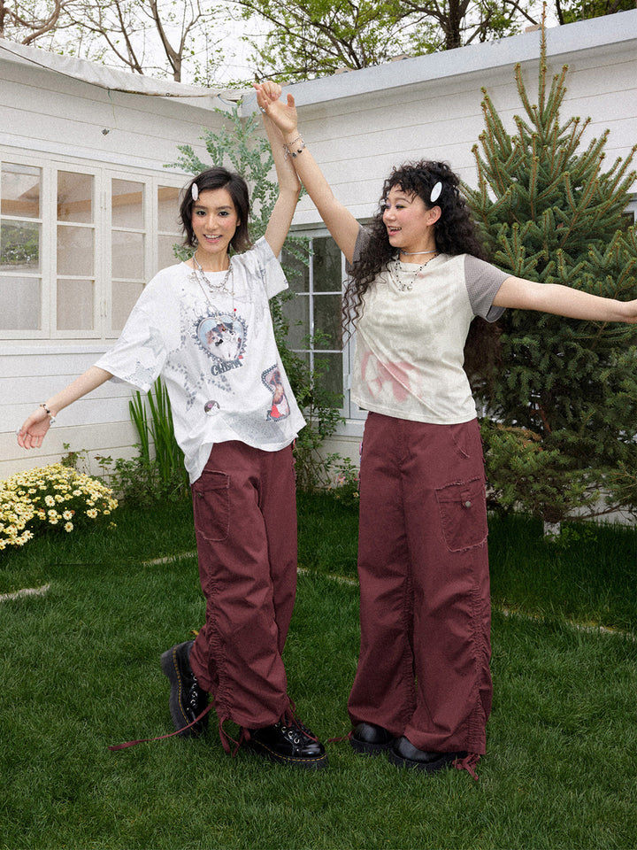 Washed Cargo Ruched Hem Wide Leg Pants