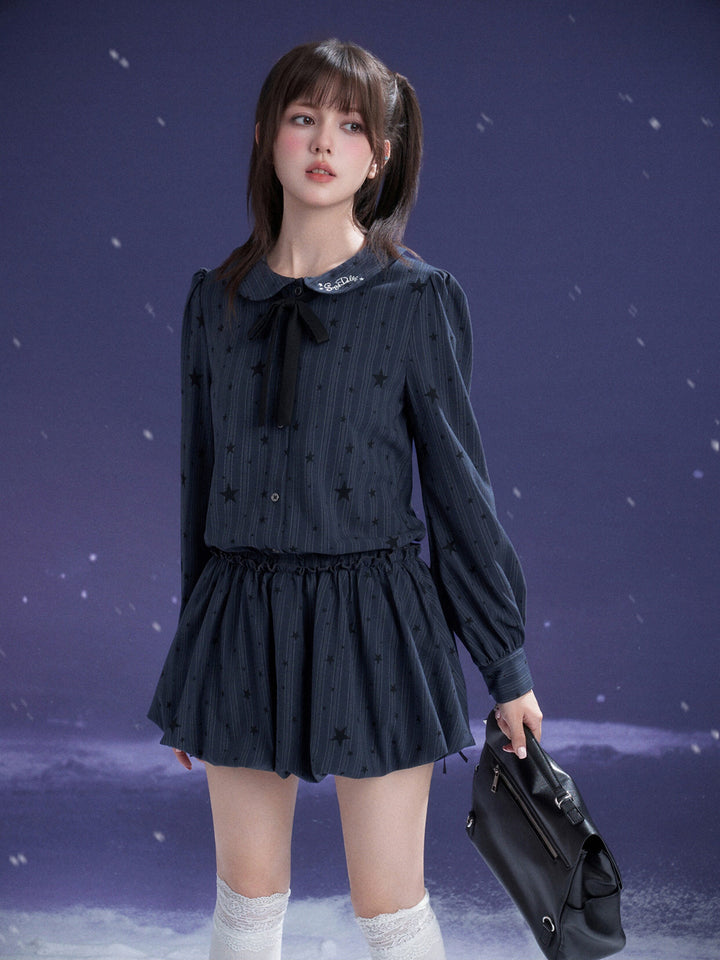 Star Pinstripe Bow Collar Bubble Mini Dress